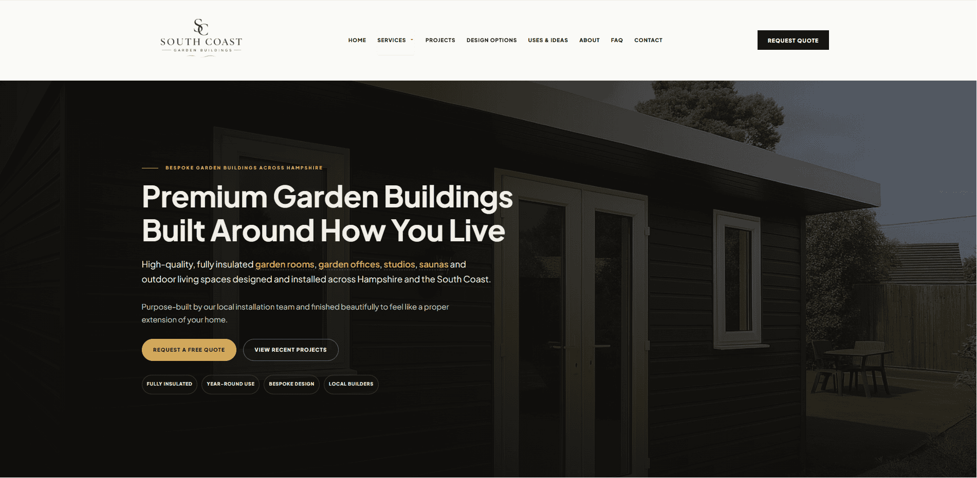 South Coast Garden Buildings website interface shown as a PAD website proof example